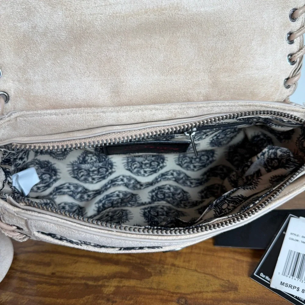 New Ed Hardy Beige Brown Shoulder Handbag Y2K Laced Up Pouch Cream Studded